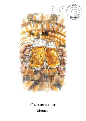 Watercolour-style Oktoberfest poster featuring two hands clinking beer mugs in front of a beer tent, with the text 'OKTOBERFEST' and 'MUNICH' below on a white background.