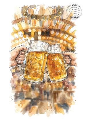 Watercolour-style illustration of two hands holding frothy beer mugs in front of a warm, golden beer-bell scene, with a small circular stamp graphic in the upper right.