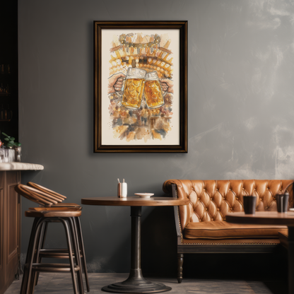 A framed art print depicting two clinking beer mugs hangs on a textured gray wall in a cozy, dimly lit pub interior with a tufted leather booth and wooden bar stools.