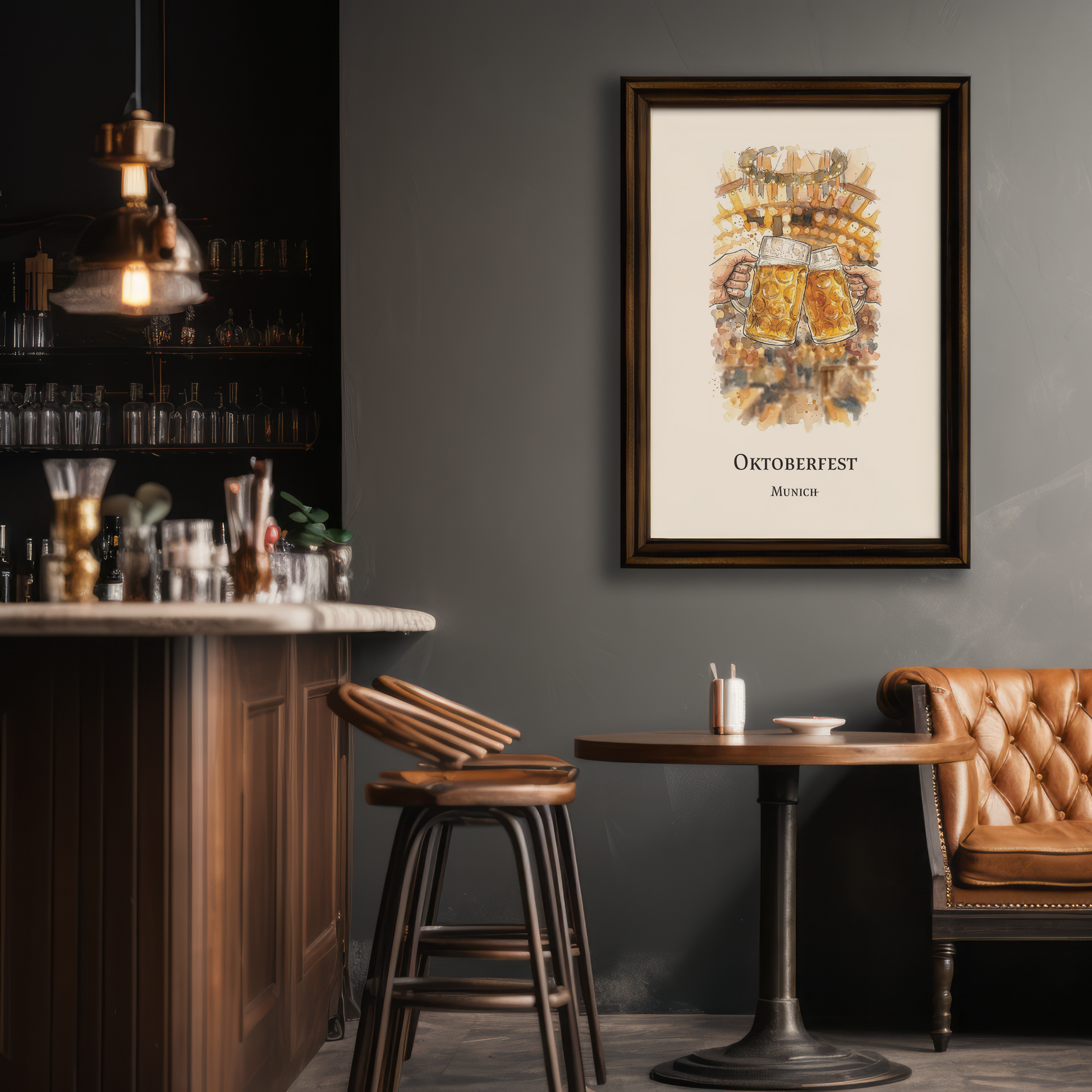 A framed Oktoberfest poster with a golden beer mug illustration hangs on a dark gray wall in a cozy, rustic bar or cafe setting with leather booths and wooden tables.