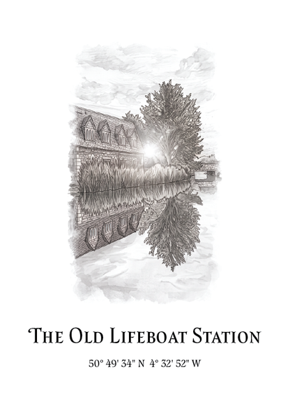 A black and white sketch-style poster print featuring an illustration of a canal scene with a building, trees, and water reflection, with the text 'THE OLD LIFEBOAT STATION' and coordinates below.