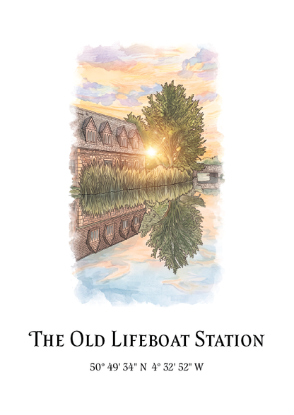A scenic art print featuring a watercolor illustration of 'The Old Lifeboat Station' brick building, trees, and a sunset reflected in the water. The text 'THE OLD LIFEBOAT STATION' and coordinates '50° 49' 34" N 4° 32" 52" W' are printed below on a white background.