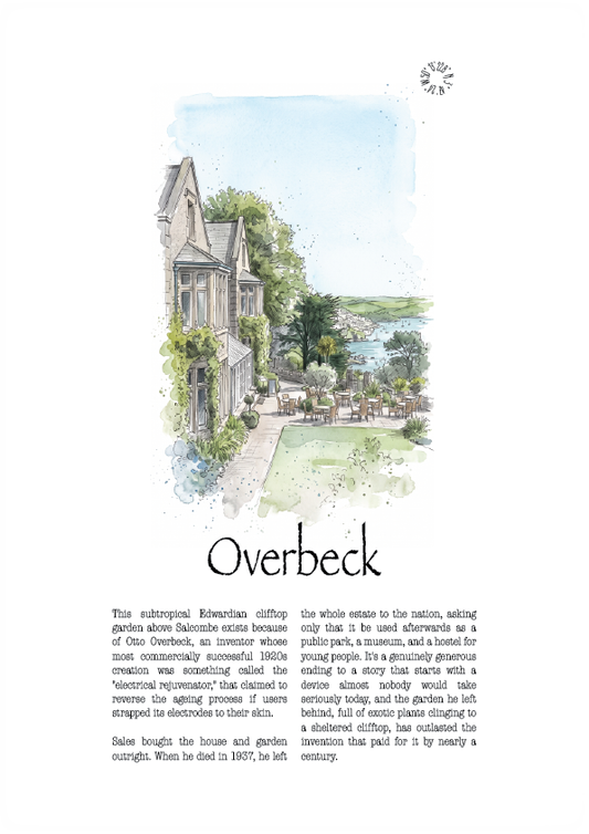 A watercolour and text print featuring an illustration of the Overbeck villa and garden in Salcombe, with the title 'Overbeck' and several paragraphs of descriptive text below.