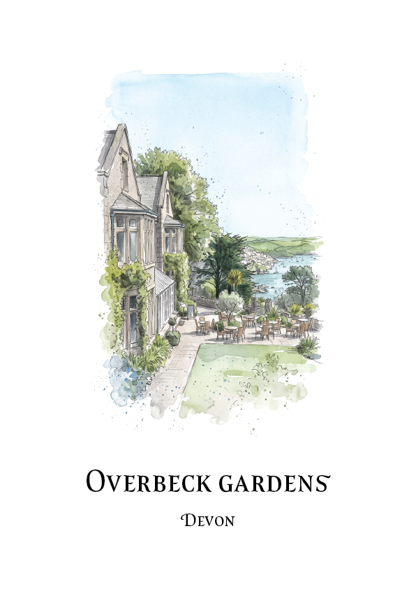 A watercolour-style travel poster showing a garden scene with a house, trees, lawn, and outdoor seating, captioned 'OVERBECK GARDENS' and 'DEVON' on a white background.
