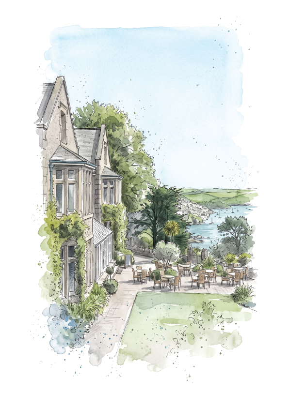 Watercolour-style illustration of a large stone house, Overbeck House and Gardens in salcombe, with a garden patio, outdoor seating, trees, and a coastal view in the distance under a pale blue sky.