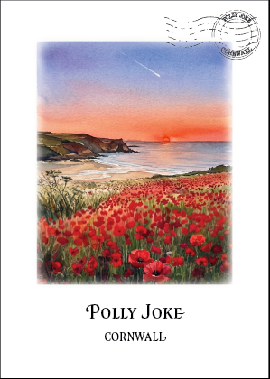 Scenic view of a coastal landscape with red flowers and 'Polly Joke Cornwall' text.
