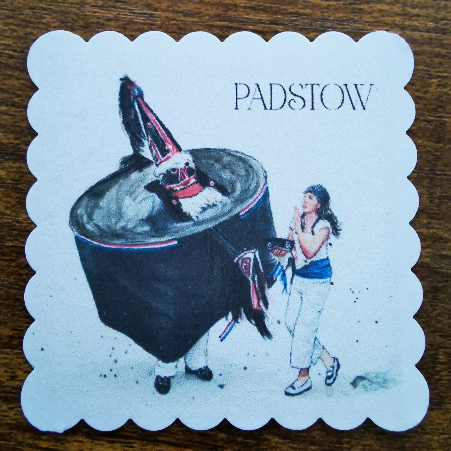 Faux postage stamp with illustration of an Obby Oss branded 'Padstow'.