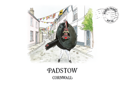 Original watercolour art postcard of the Red Obby Oss, Padstow May Day, Cornwall, by Ella's Adventures