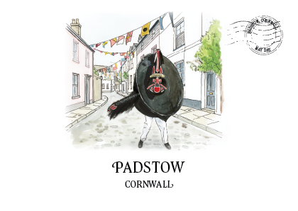 Original watercolour illustration of the Red Obby Oss, Padstow May Day, Cornwall, by Ella's Adventures