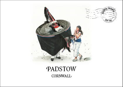 Original watercolour art postcard of the Red and Blue Obby Oss together, Padstow May Day, Cornwall, by Ella's Adventures