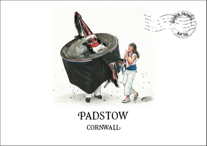 Original watercolour art postcard of the Red and Blue Obby Oss together, Padstow May Day, Cornwall, by Ella's Adventures