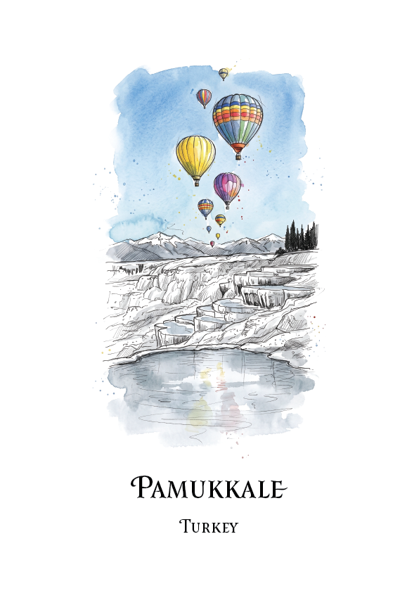 A travel art print of Pamukkale, Turkey, featuring a watercolour illustration of hot air balloons floating over the terraced white pools and mountains, with the text 'PAMUKKALE' and 'Turkey' printed below on a white background.