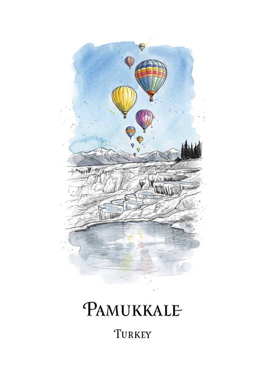 A travel art print of Pamukkale, Turkey, featuring a watercolour illustration of hot air balloons floating over the terraced white pools and mountains, with the text 'PAMUKKALE' and 'Turkey' printed below on a white background.