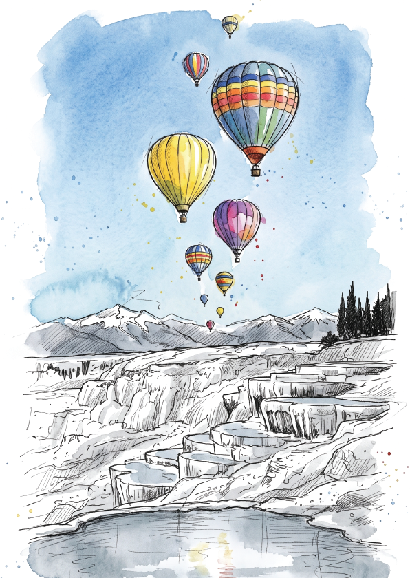Watercolour and ink illustration of hot air balloons floating above Pamukkale, a scenic landscape with mountains, terraced rock formations, and a reflective body of water.