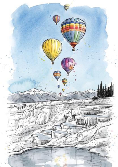 Watercolour and ink illustration of hot air balloons floating above Pamukkale, a scenic landscape with mountains, terraced rock formations, and a reflective body of water.