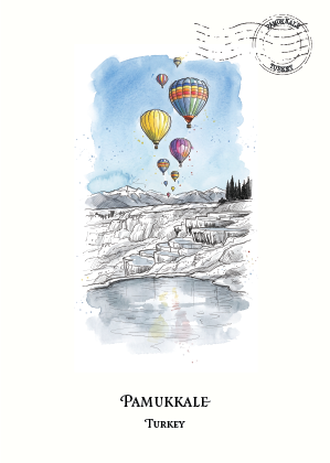 A travel art print of Pamukkale, Turkey, featuring a watercolour illustration of colourful hot air balloons floating over the Pamukkale thermal pools, with a black-and-white sketch of the rock formations and a blue sky background. The text 'PAMUKKALE TURKEY' is printed at the bottom, and a vintage-style postage stamp graphic is in the upper right corner.