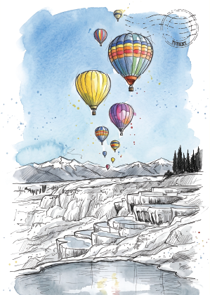 Watercolour and ink illustration of colourful hot air balloons floating over a snowy mountain landscape of Pamukkale with a lake in the foreground.