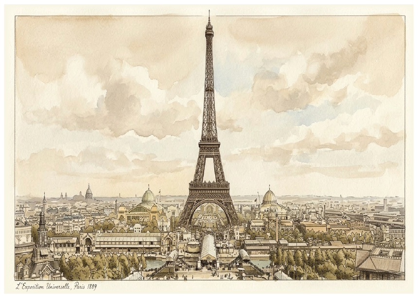 Vintage watercolour illustration of the Eiffel Tower in Paris, showing the tower prominently in the centre with the city skyline, domes, and cloudy sky in soft sepia and beige tones.