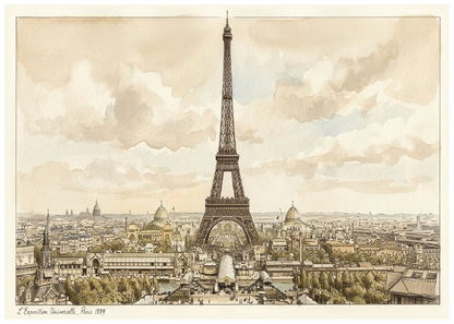 Vintage watercolour illustration of the Eiffel Tower in Paris, showing the tower prominently in the centre with the city skyline, domes, and cloudy sky in soft sepia and beige tones.