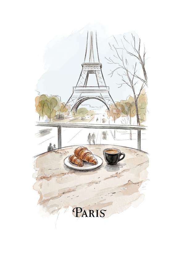 Watercolour-style Paris illustration featuring the Eiffel Tower in the background, a table in the foreground with croissants and a coffee cup, and the word PARIS at the bottom on a white background.