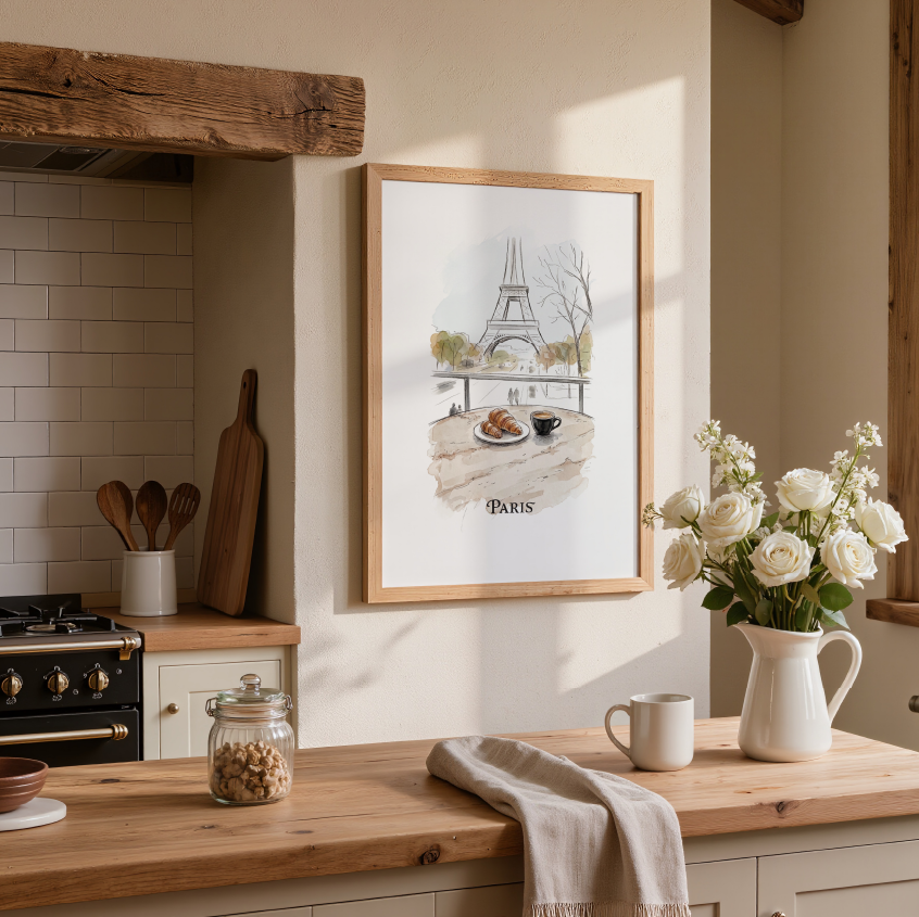 A framed Paris-themed art print hangs on a cream wall in a rustic kitchen setting. The print features a watercolour-style illustration of the Eiffel Tower, a table with a coffee cup and pastries, and the word 'PARIS' at the bottom.