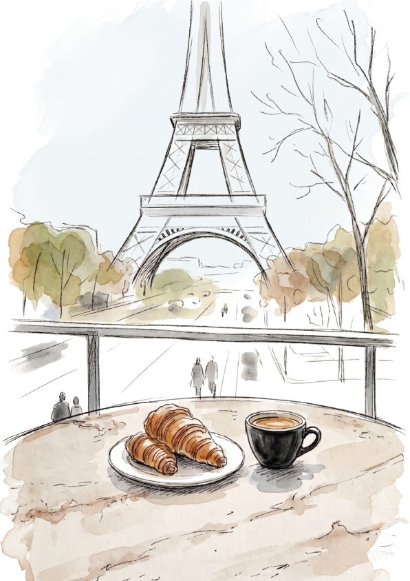 Watercolour-style illustration of a Parisian breakfast scene with croissants on a plate and a cup of coffee on a table, with the Eiffel Tower and bare trees in the background.