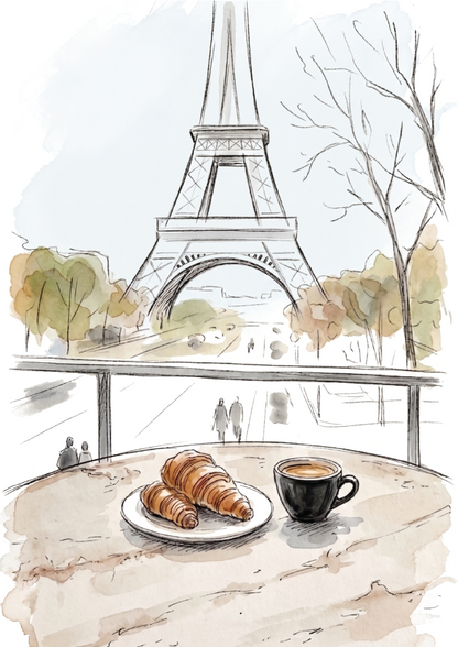 Watercolour-style illustration of a Parisian breakfast scene with croissants on a plate and a cup of coffee on a table, with the Eiffel Tower and bare trees in the background.
