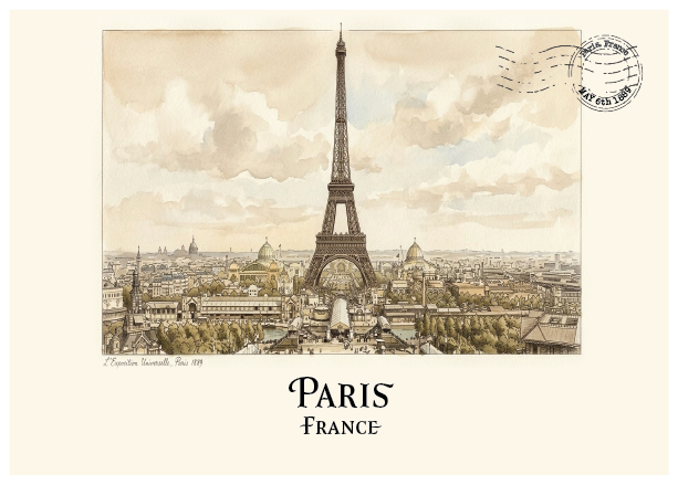 Vintage-style Paris poster print featuring the Eiffel Tower in an aerial cityscape, with the text 'PARIS FRANCE' below and a postmark graphic in the upper right.