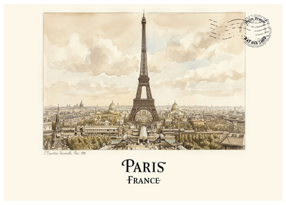 Vintage-style Paris poster print featuring the Eiffel Tower in an aerial cityscape, with the text 'PARIS FRANCE' below and a postmark graphic in the upper right.
