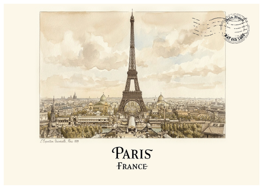 Vintage-style Paris poster print featuring the Eiffel Tower in an aerial cityscape, with the text 'PARIS FRANCE' below and a postmark graphic in the upper right.