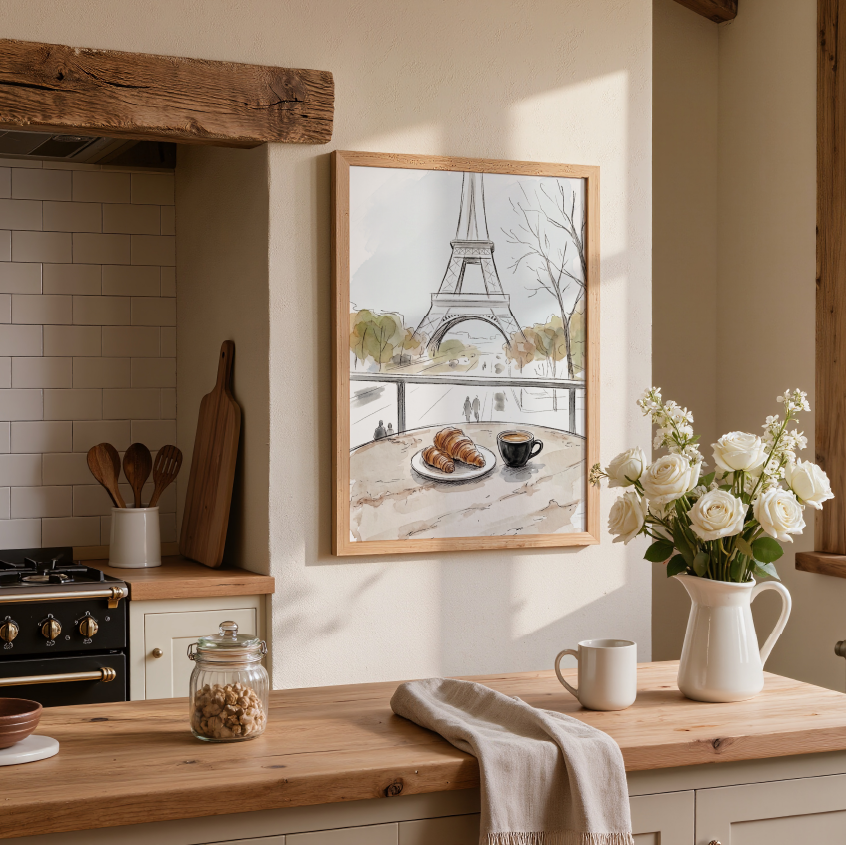 A framed watercolour art print depicting the Eiffel Tower and a cafe table with pastries and a coffee cup, styled on a cream wall in a rustic kitchen setting with wooden countertops, a stove, and a window with white flowers.
