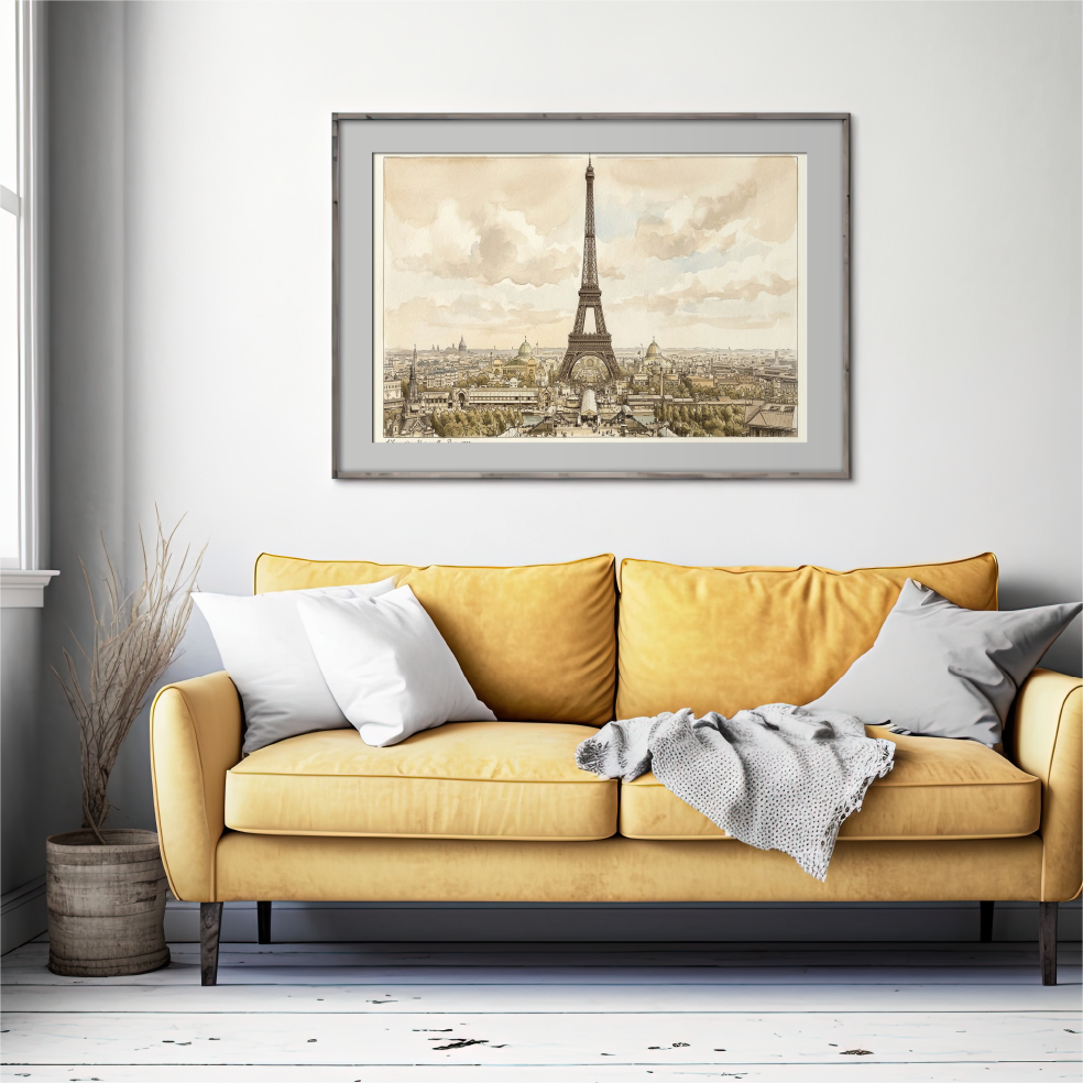 A framed art print of the Eiffel Tower in Paris, featuring a sepia-toned cityscape under a cloudy sky, displayed on a light gray wall above a mustard yellow sofa with decorative pillows.