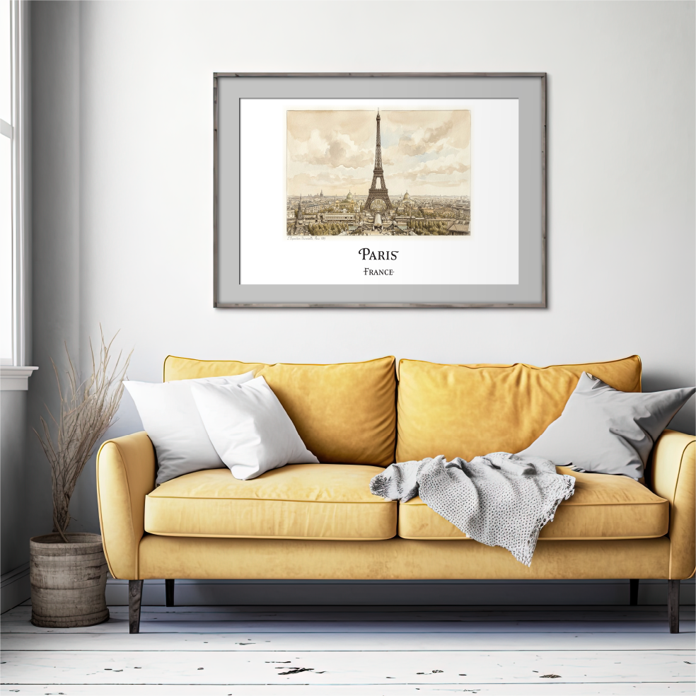 A framed art print of the Eiffel Tower in Paris, featuring a sepia-toned cityscape under a cloudy sky, displayed on a light gray wall above a mustard yellow sofa with decorative pillows.