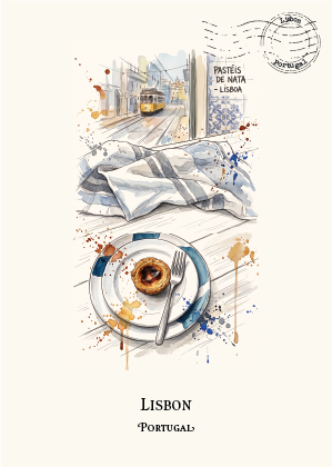 Watercolour travel-style illustration of a Portuguese pastry scene with a plate holding a filled pastry and a fork, a striped cloth, a tram,  with a postmark.