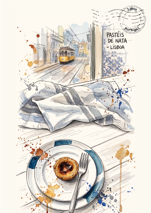 Watercolour travel-style illustration of a Portuguese pastry scene with a plate holding a filled pastry and a fork, a striped cloth, a tram, and the text 'PASTEIS DE NATA - LISBOA' with a postmark.