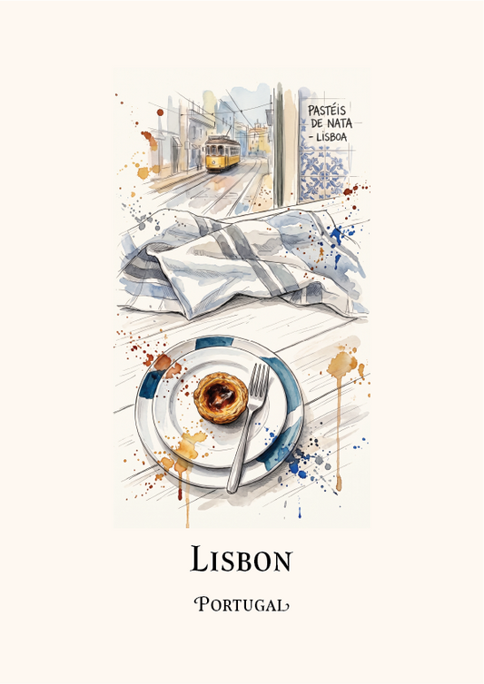 Watercolour-style illustration of a Portuguese pastry on a plate with a fork, alongside a striped cloth and a street scene with a tram in Lisbon. Text reads 'PASTÉIS DE NATA - LISBOA' with the Title Lisbon Portugal underneath

