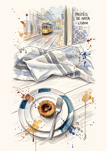Watercolour-style illustration of a Portuguese pastry on a plate with a fork, alongside a striped cloth and a street scene with a tram in Lisbon. Text reads 'PASTÉIS DE NATA - LISBOA'.