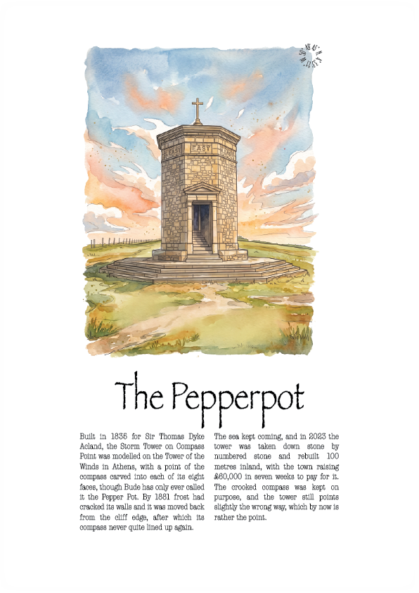 A vintage-style illustrated poster titled 'The Pepperpot' showing a watercolour painting of a tall cylindrical stone tower with a cross on top, surrounded by grassy fields under a blue and peach sky. Below the illustration is a block of historical text about the tower.