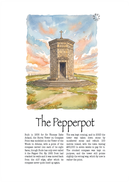 A vintage-style illustrated poster titled 'The Pepperpot' showing a watercolour painting of a tall cylindrical stone tower with a cross on top, surrounded by grassy fields under a blue and peach sky. Below the illustration is a block of historical text about the tower.