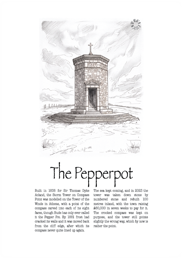 A black and white hand-drawn sketch of a cylindrical tower labeled 'The Pepperpot' with accompanying historical text below on a white background.