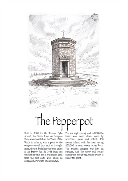 A black and white hand-drawn sketch of a cylindrical tower labeled 'The Pepperpot' with accompanying historical text below on a white background.