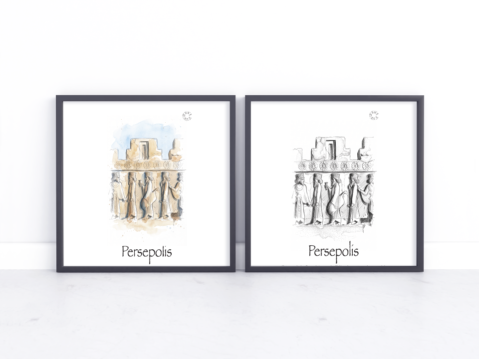 A lifestyle image of two black framed prints side by side of Persepolis, the left hand side is in watercolour and right in black and white, bothw ith teh title Persepolis under the illustration 