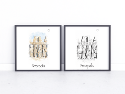 A lifestyle image of two black framed prints side by side of Persepolis, the left hand side is in watercolour and right in black and white, bothw ith teh title Persepolis under the illustration 