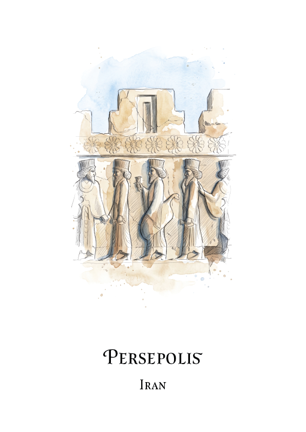 A minimalist art print featuring a watercolour illustration of Persepolis, Iran, with ancient figures carved into a stone wall under a light blue sky. The text 'PERSEPOLIS' and 'Iran' are printed below in black serif font on a clean white background.
