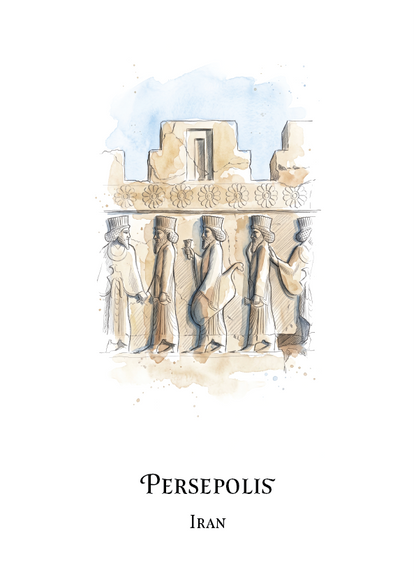 A minimalist art print featuring a watercolour illustration of Persepolis, Iran, with ancient figures carved into a stone wall under a light blue sky. The text 'PERSEPOLIS' and 'Iran' are printed below in black serif font on a clean white background.