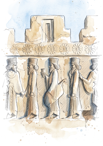 Watercolour and ink illustration of Persepolis in Iran and ancient Mesopotamian figures in profile, rendered in beige, blue, and brown tones on a white background.