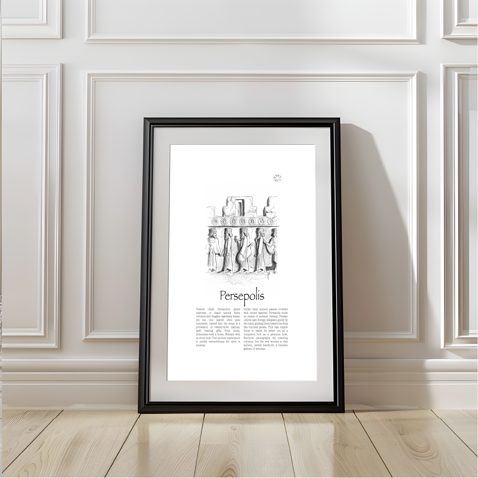 A framed black-and-white art print titled 'Persepolis' leaning against a white paneled wall on a light wood floor.