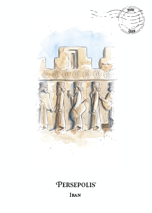 A watercolour-style illustration of Persepolis, Iran, showing a classical stone relief with figures and architectural details. The text 'PERSEPOLIS' and 'Iran' appears below, with a postage-style stamp graphic at the top right.