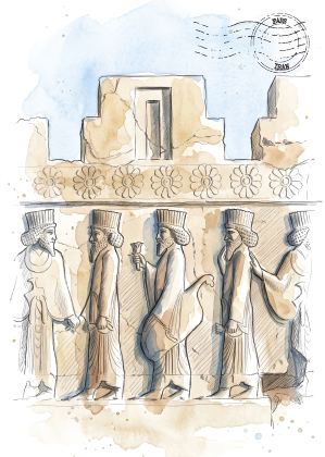 A watercolour and ink illustration of Persepolis relief scene with five robed figures wearing tall hats, set against a beige stone structure with floral decoration and a blue sky. A circular stamp-like graphic appears in the upper right.
