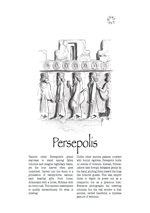 A vintage-style illustrated travel poster featuring a stone carving of the grand staircase at persepolis, above the title 'Persepolis,' with several paragraphs of text below on a white page.